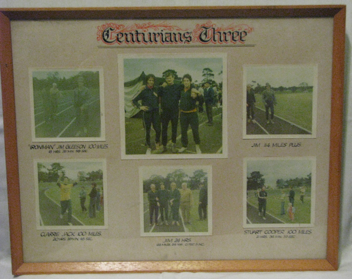 1971 Centurion Event, Preston, Victoria
 This collage captures the key moments of the 1971 Centurions 24 Hour Walk which was held at the Edwards Lake Athletics Track in Preston. It saw 3 new centurions - Jim Gleeson (C 3), Clarrie Jack (C 4) and Stuart Cooper (C 5). It was made up and presented to the club by Victorian walker Varel Newmark.

