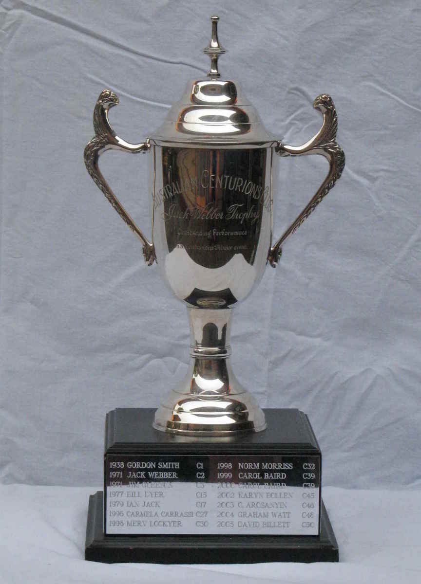 The Jack Webber Trophy
When Jack Webber (C 2) died in 1998, it was felt that we should institute a trophy in recognition of his great contribution to the Australian Centurions. Donations were forthcoming and a new trophy  The Jack Webber Trophy was instituted. The trophy may be awarded annually for the best performance during the Australian Centurions 24 Hour event. 

